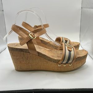 Tommy Hilfiger Hottie Wedges Sandals Ankle Strap Tan Blue Womens Size 9.5 M